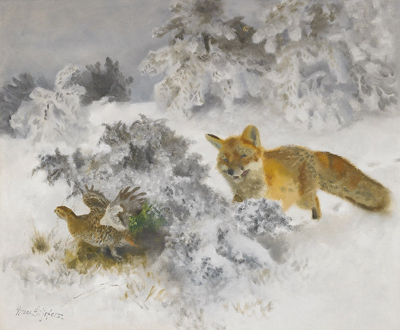 Fox and black grouse in a winter landscape - Bruno Liljefors