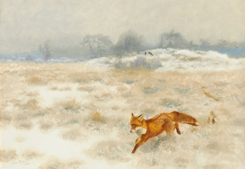 Fox and hunting dogs in a winter landscape - Bruno Liljefors