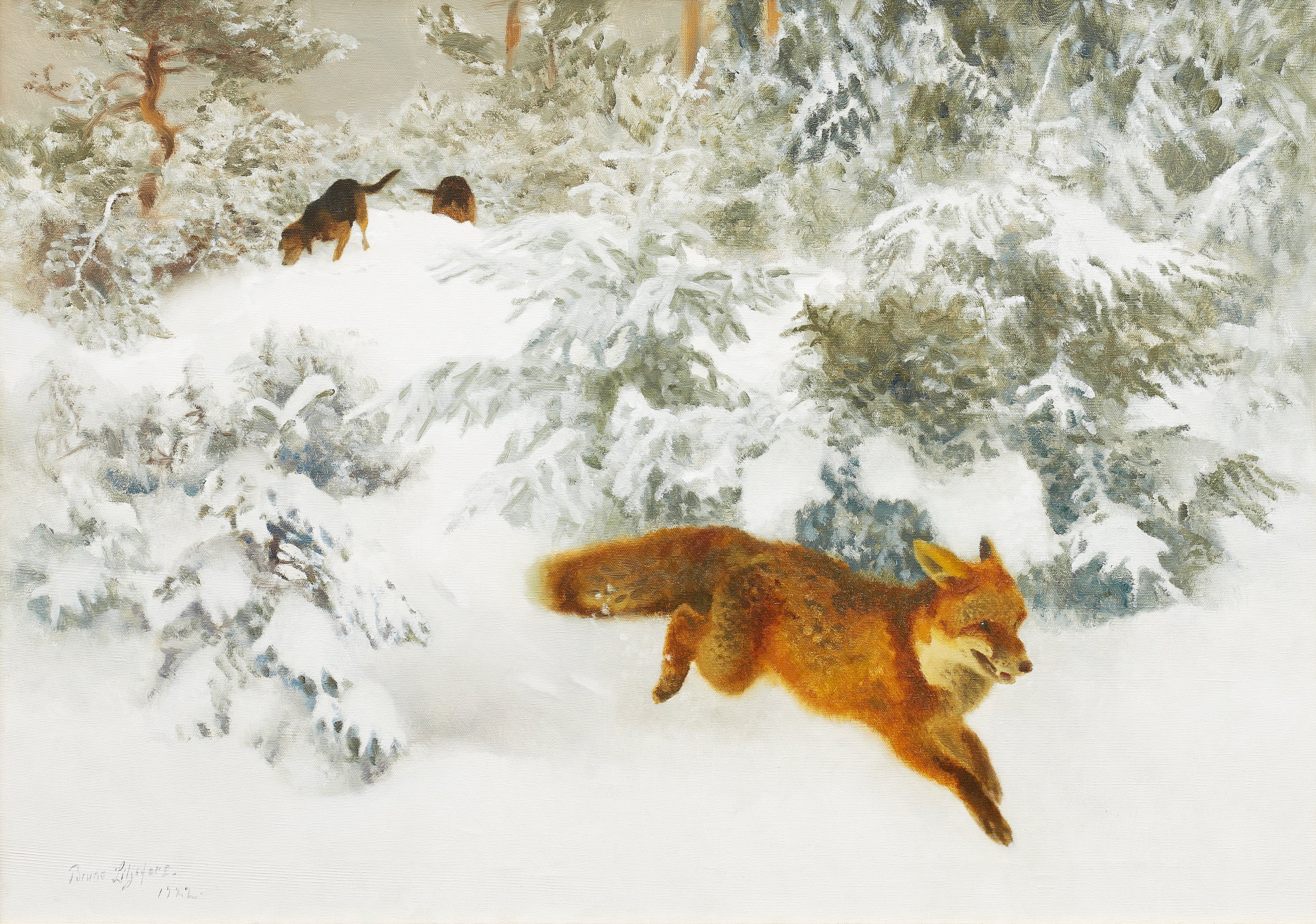 Fox in a winter landscape with hunting dogs - Bruno Liljefors