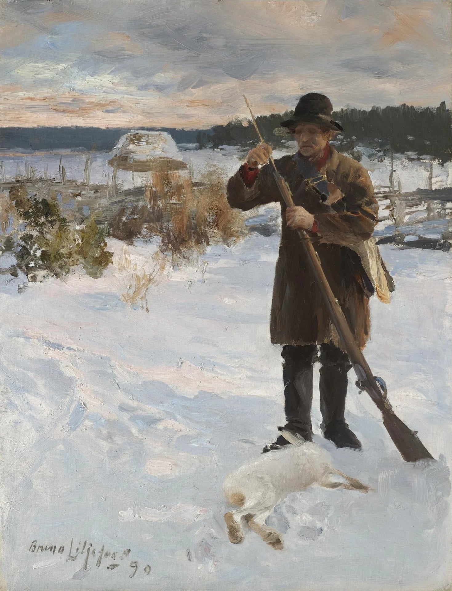 Värdshusarn, peasant hunter in a winter landscape - Bruno Liljefors
