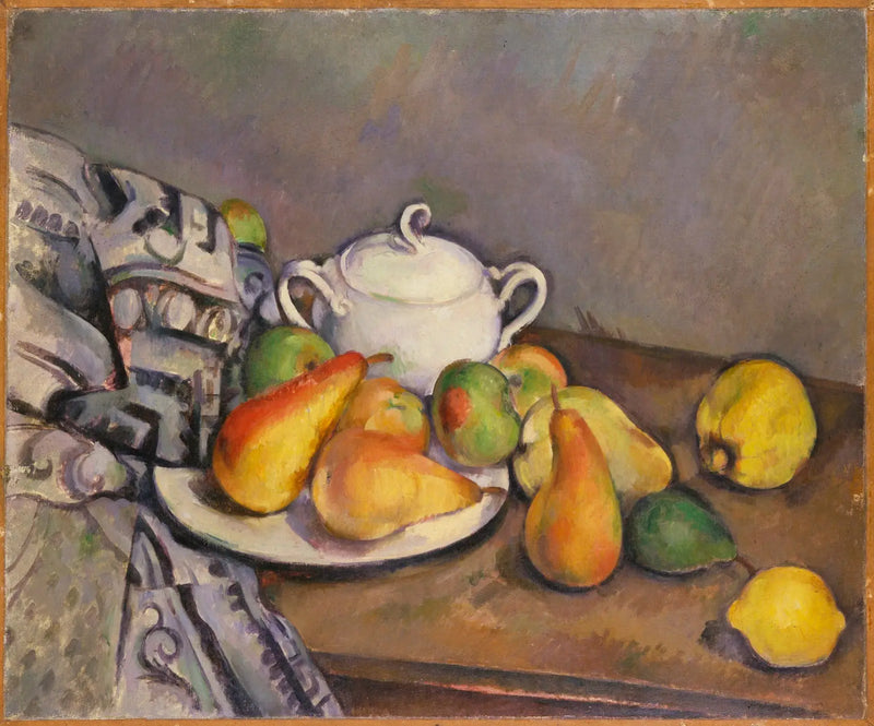 Sugar bowl, pears and carpet - Paul Cézanne