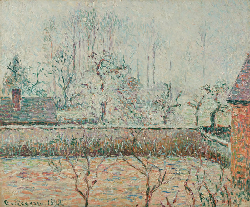 Landscape with houses and wall, mist and frost, Éragny - Camille Pissarro