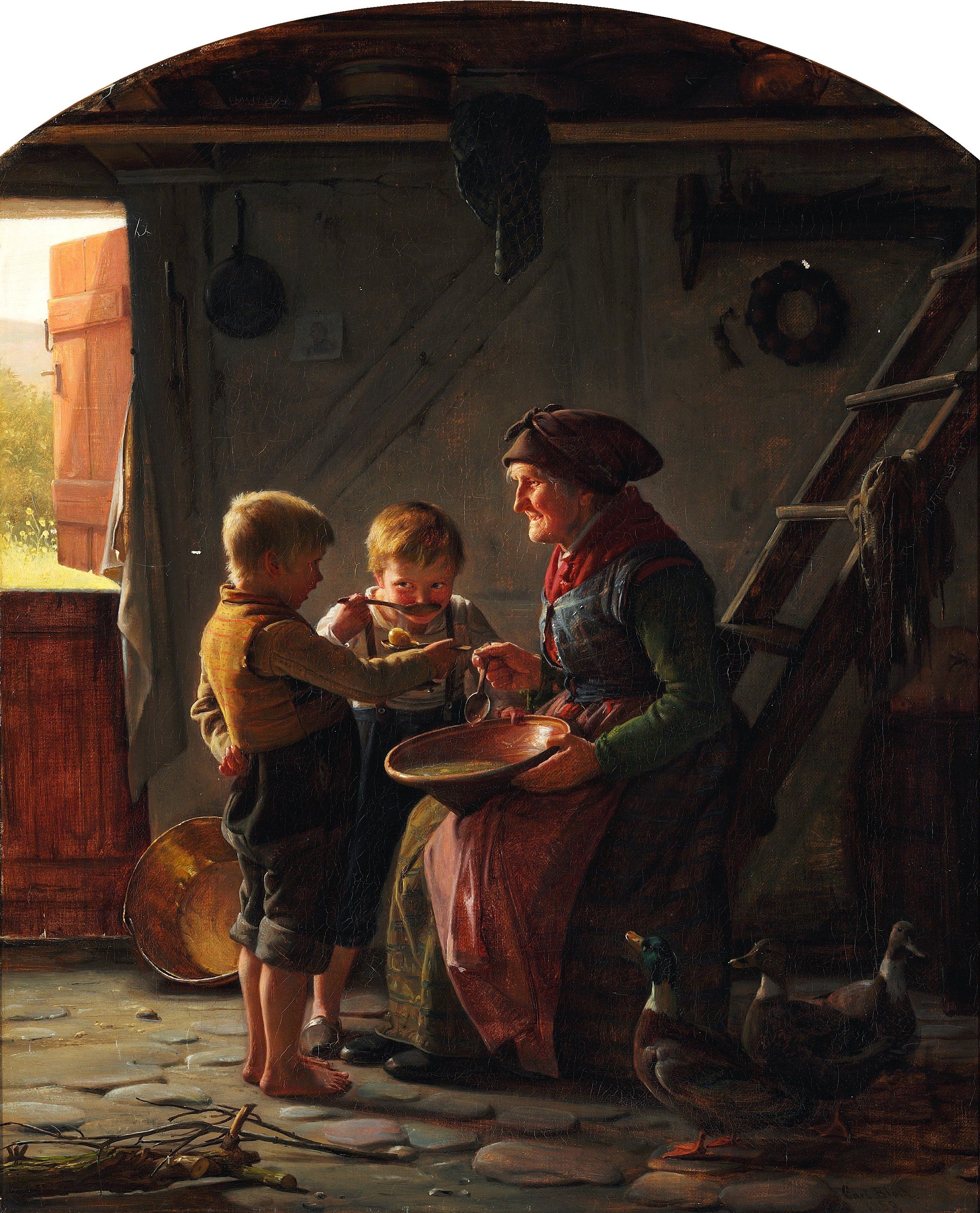Un repas. Deux garçons et une grand-mère goûtent la soupe de pommes de terre. - Carl Heinrich Bloch - Alpha Reproduction