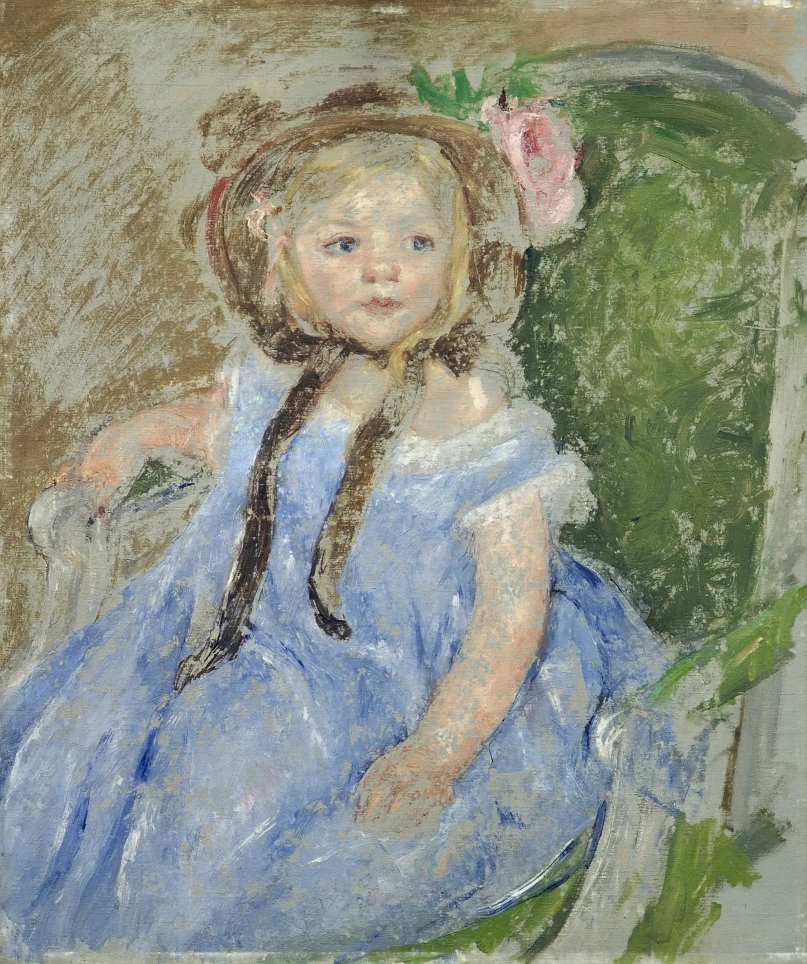 Reproduction du tableau « Sara avec un bonnet sombre avec la main droite sur le bras d'une chaise - Mary Cassatt » par Alpha Reproduction en peinture à l’huile