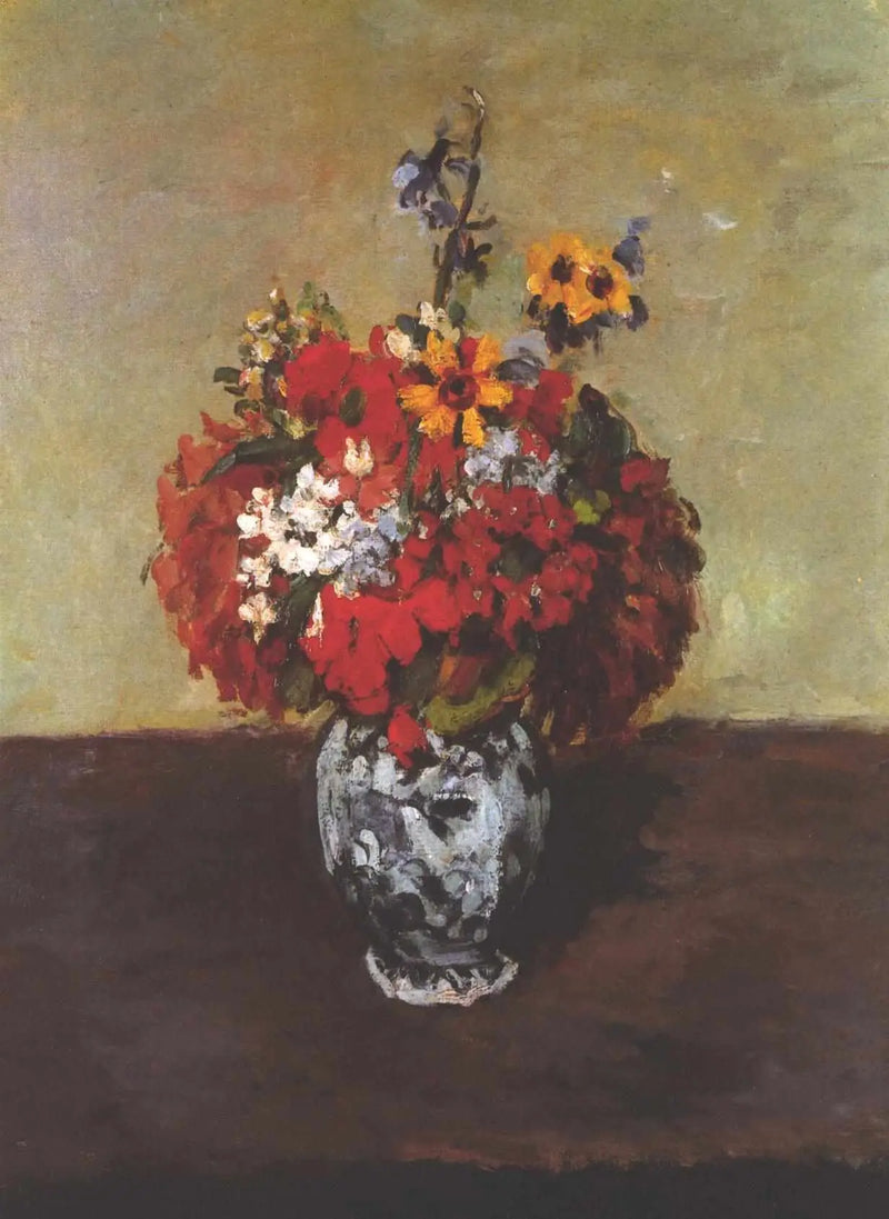 Geraniums and larkspur in a small Delft vase - Paul Cézanne