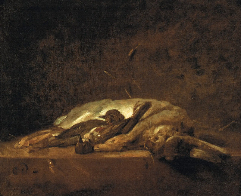 A rabbit, two dead thrushes, and some straw on a stone table - Jean Siméon Chardin