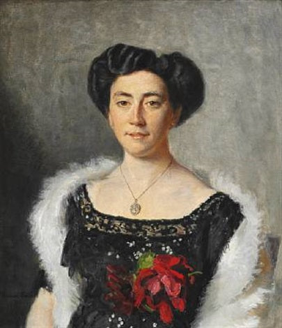 Christiane Bruun de Neergaard in a black evening gown adorned with a red rose - Michael Peter Ancher