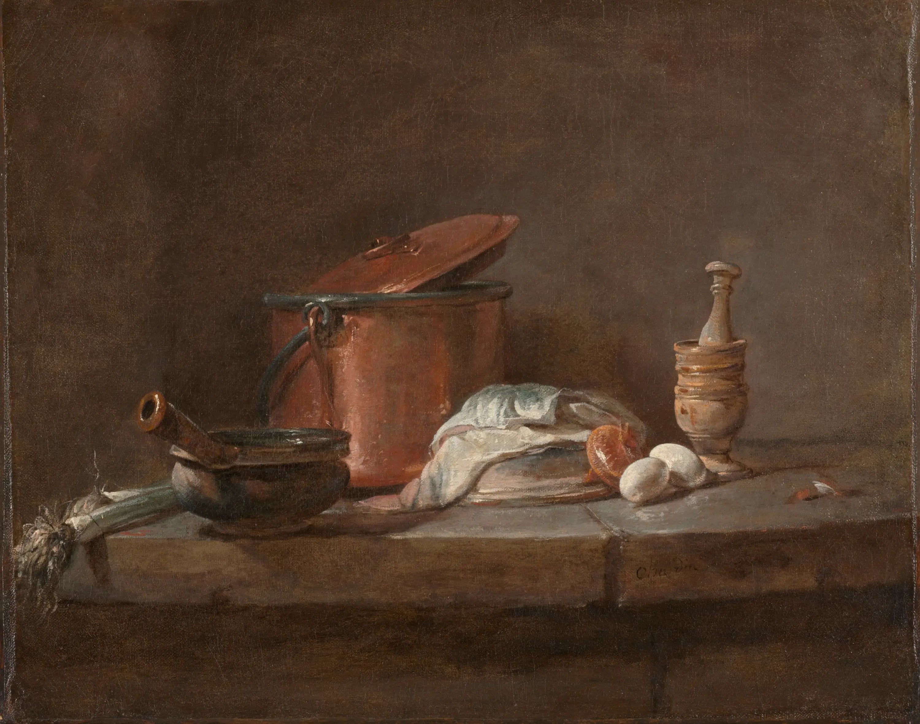 Ustensiles de cuisine avec poireaux poisson et œufs - Jean Siméon Chardin - Alpha Reproduction