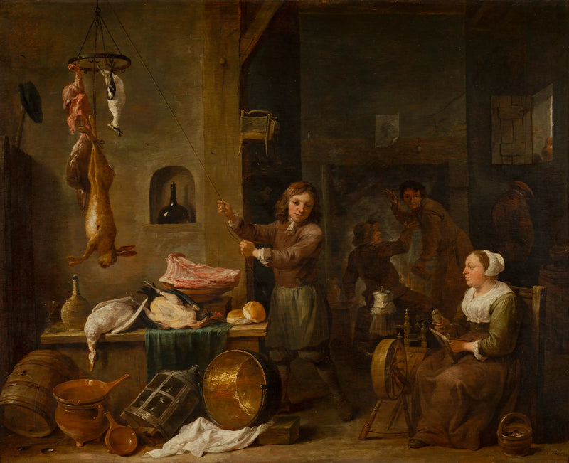 Interior of a kitchen with a boy and a woman with a game table - David Teniers the Younger