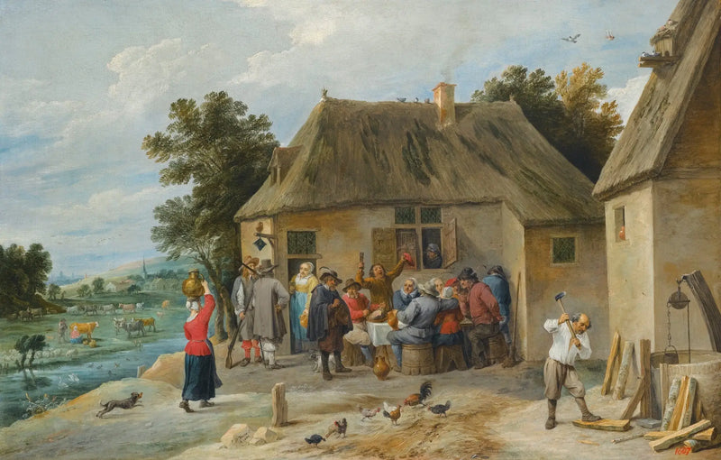A country inn, with the innkeeper chopping wood - David Teniers the Younger