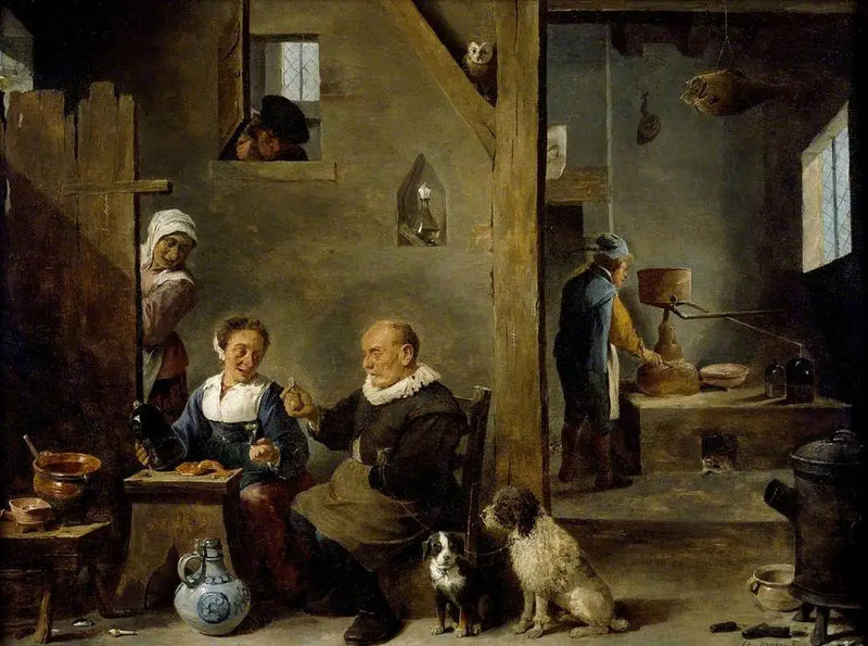 A distillery with an elderly man buying gin from a woman - David Teniers the Younger