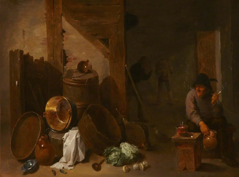 Interior of a kitchen with Toper and other peasants in the distance - David Teniers the Younger