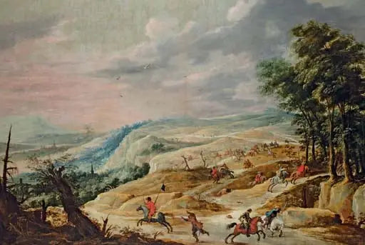 A vast landscape with a cavalry skirmish on a ridge - David Teniers the Younger