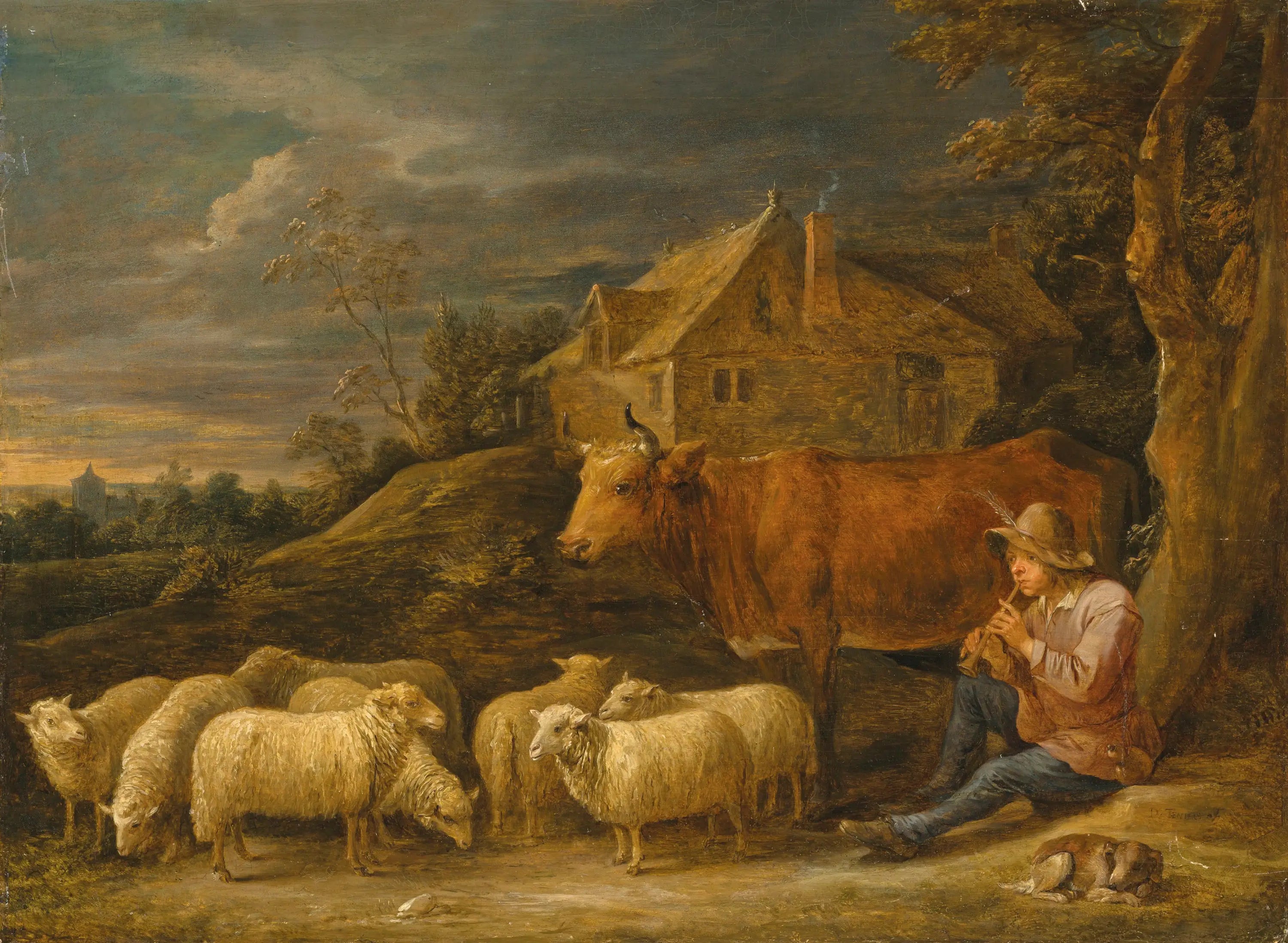 Un berger jouant de la flûte à son troupeau - David Teniers le Jeune - Alpha Reproduction