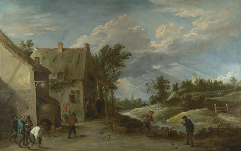 Peasants playing boules in front of a village inn - David Teniers the Younger
