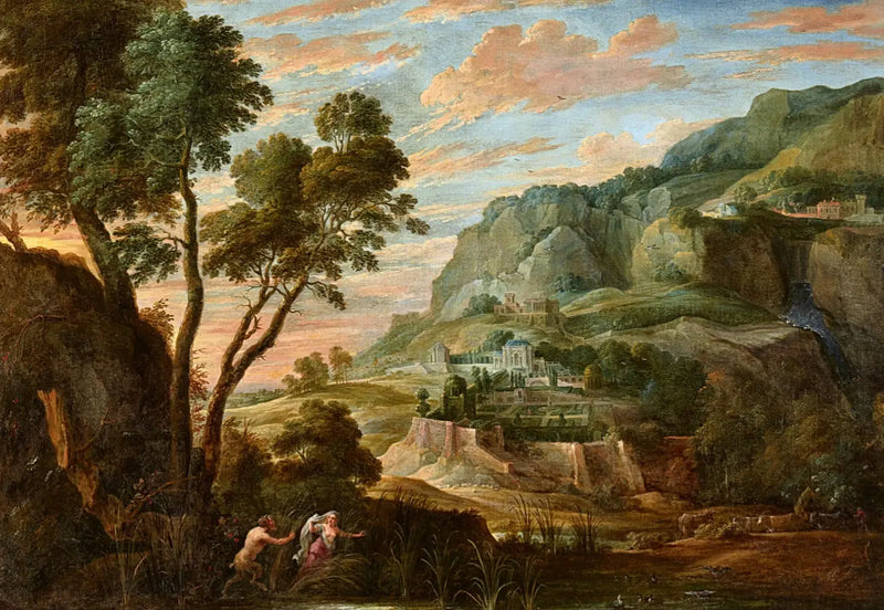 Panoramic mountain landscape with Pan and Syrinx - David Teniers the Younger