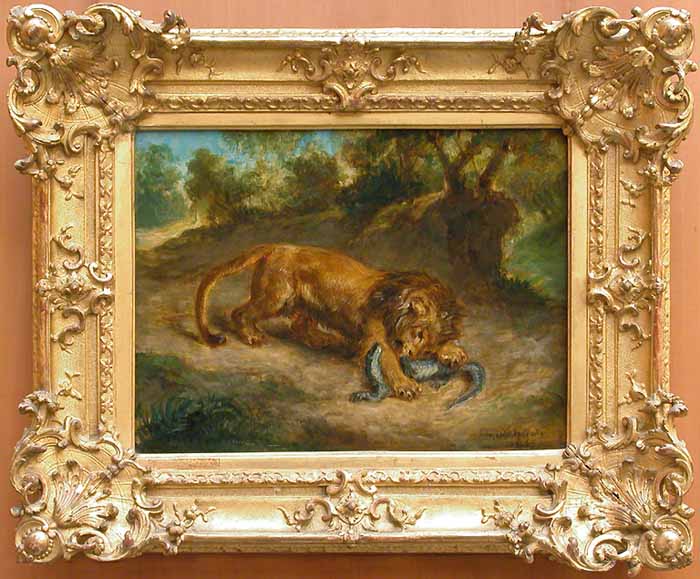 Reproduction du tableau « Lion et Caïman - Eugène Delacroix » par Alpha Reproduction en peinture à l’huile