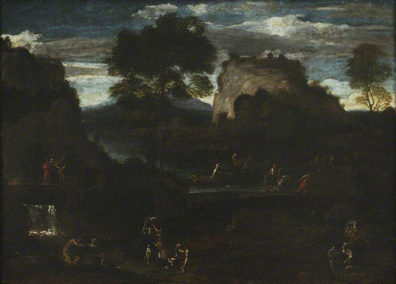 River landscape with fishermen and washerwomen - Domenichino