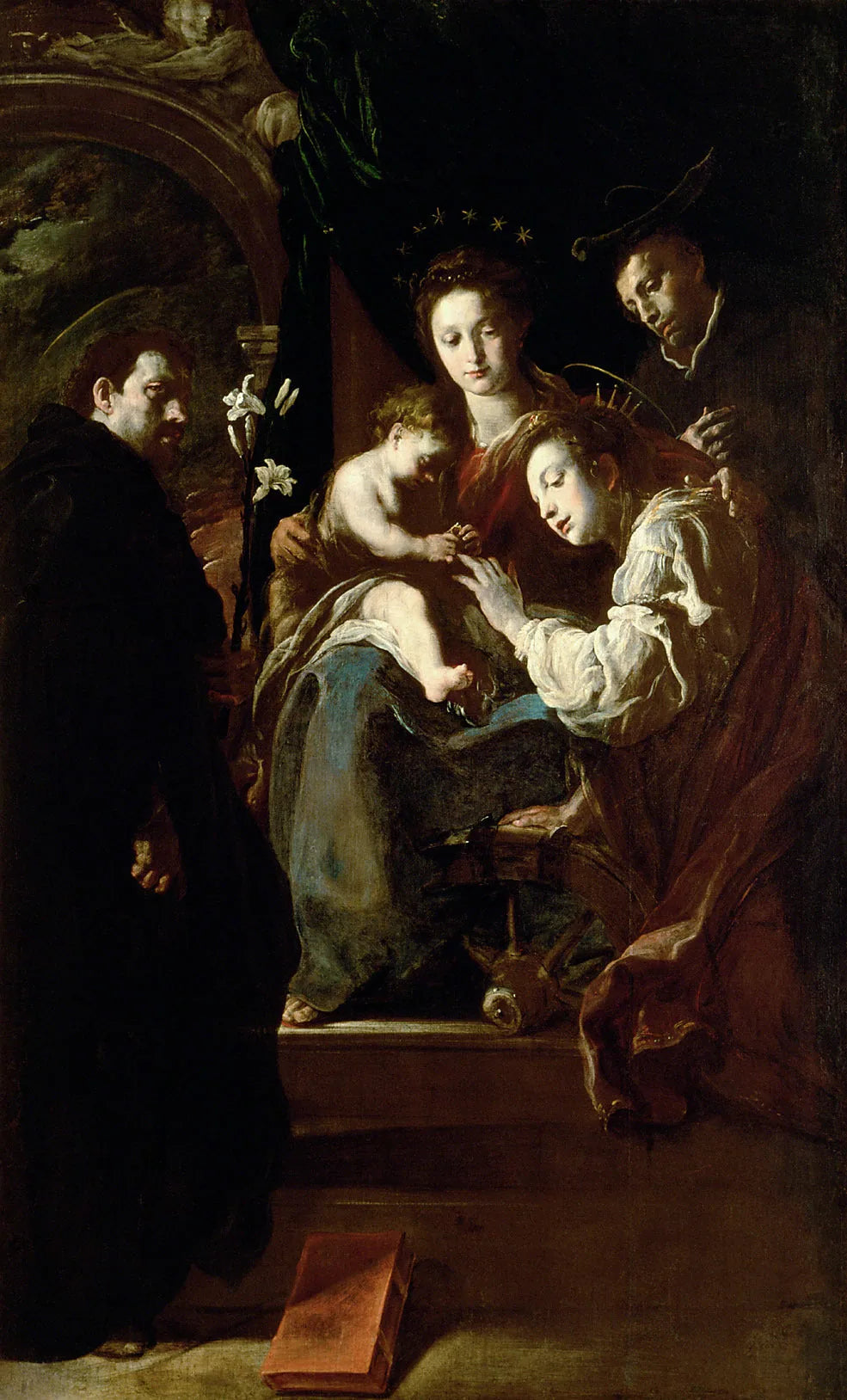 Vierge à l'Enfant lors des fiançailles mystiques de sainte Catherine avec les saints Dominique et Pierre - Domenico Fetti image 1 reproduction de peinture à l’huile
