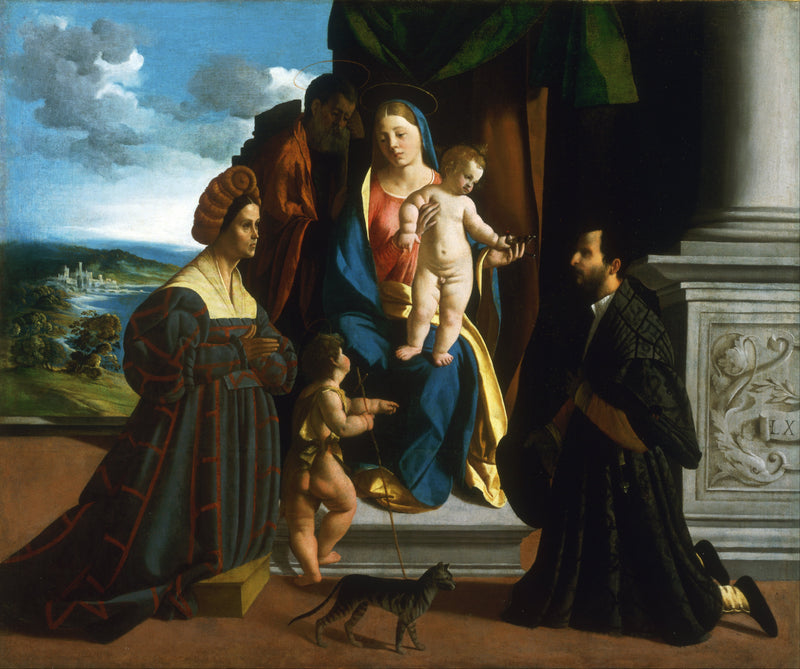 La Sainte Famille, avec le jeune saint Jean-Baptiste, un chat et deux donateurs - Dosso Dossi