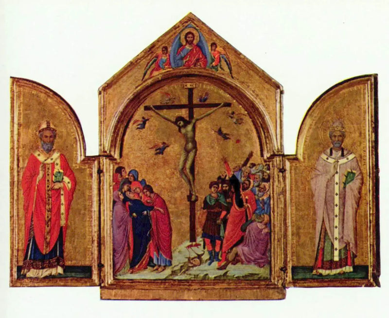Triptych: The Crucifixion; The Redeemer with Angels; Saint Nicholas; Saint Gregory - Duccio di Buoninsegna