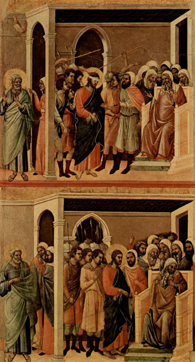 The Mocked Christ (top); The Christ before Caiaphas (bottom) - Duccio di Buoninsegna