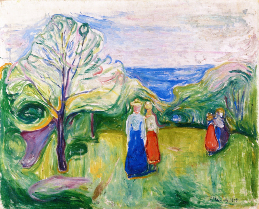 Cerisier en fleurs and Young Girls in the Garden, peinture de Edvard Munch