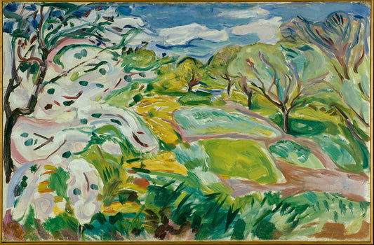 Reproduction du tableau « Arbres fruitiers en fleur dans le vent - Edvard Munch » par Alpha Reproduction en peinture à l’huile