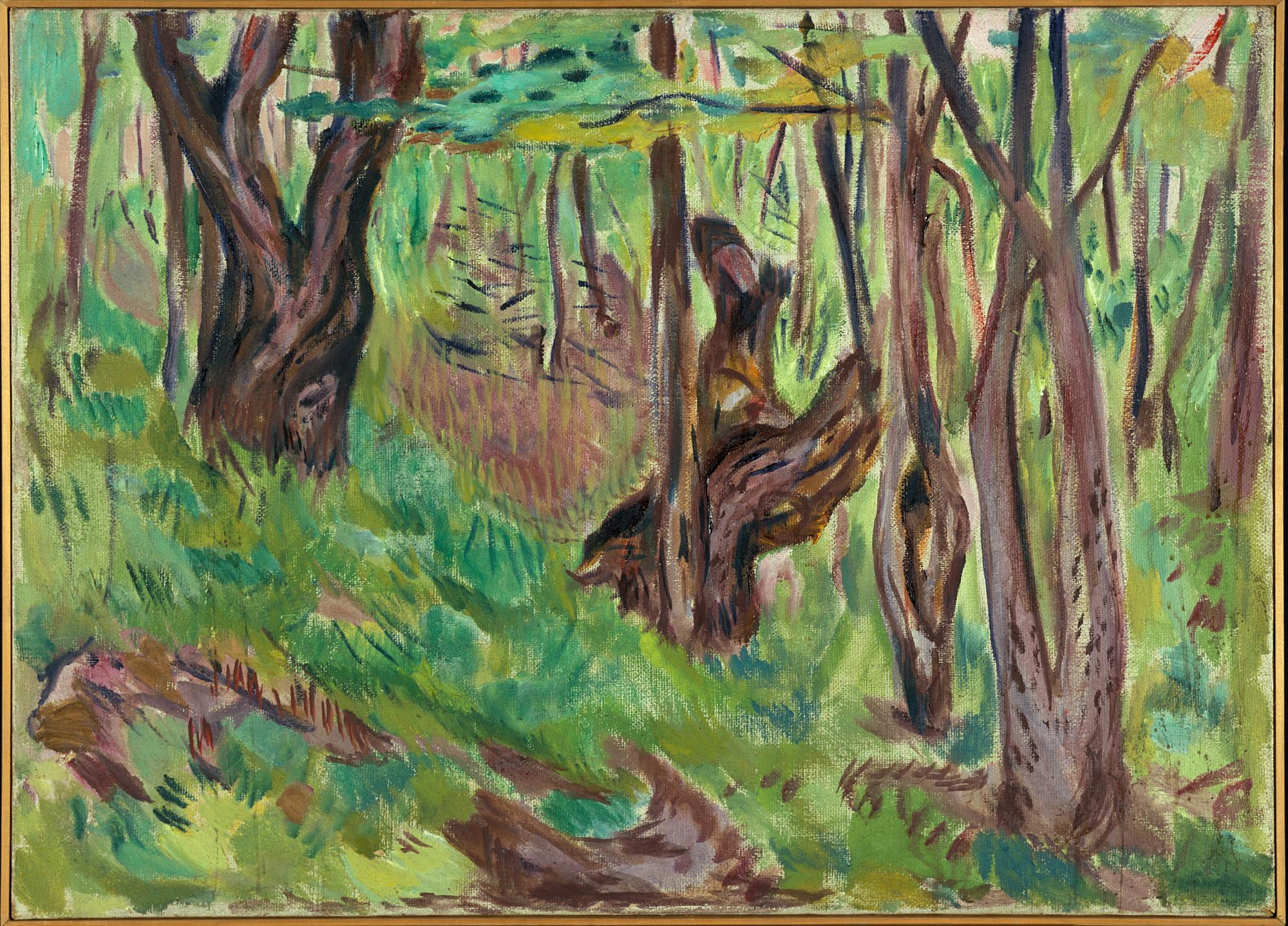 Reproduction du tableau « Troncs d'arbres rugueux en été - Edvard Munch » par Alpha Reproduction en peinture à l’huile