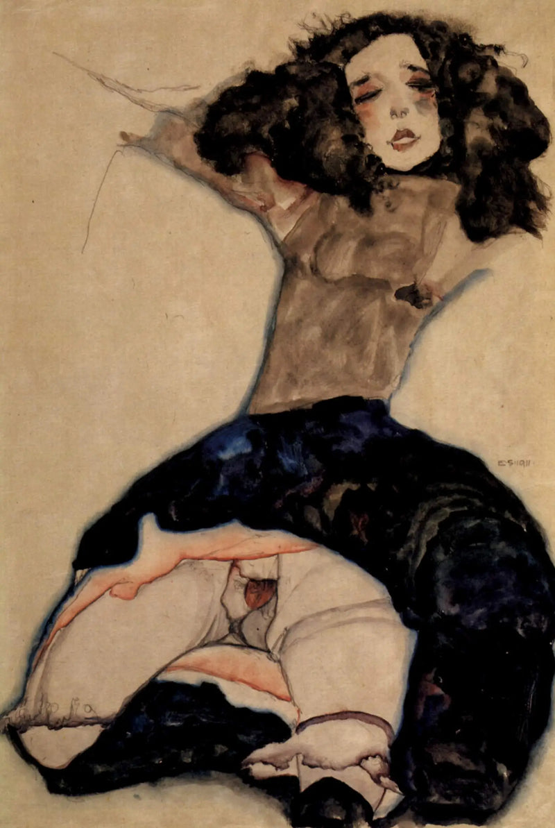 Girl with Black Hair in Raised Skirt - Egon Schiele