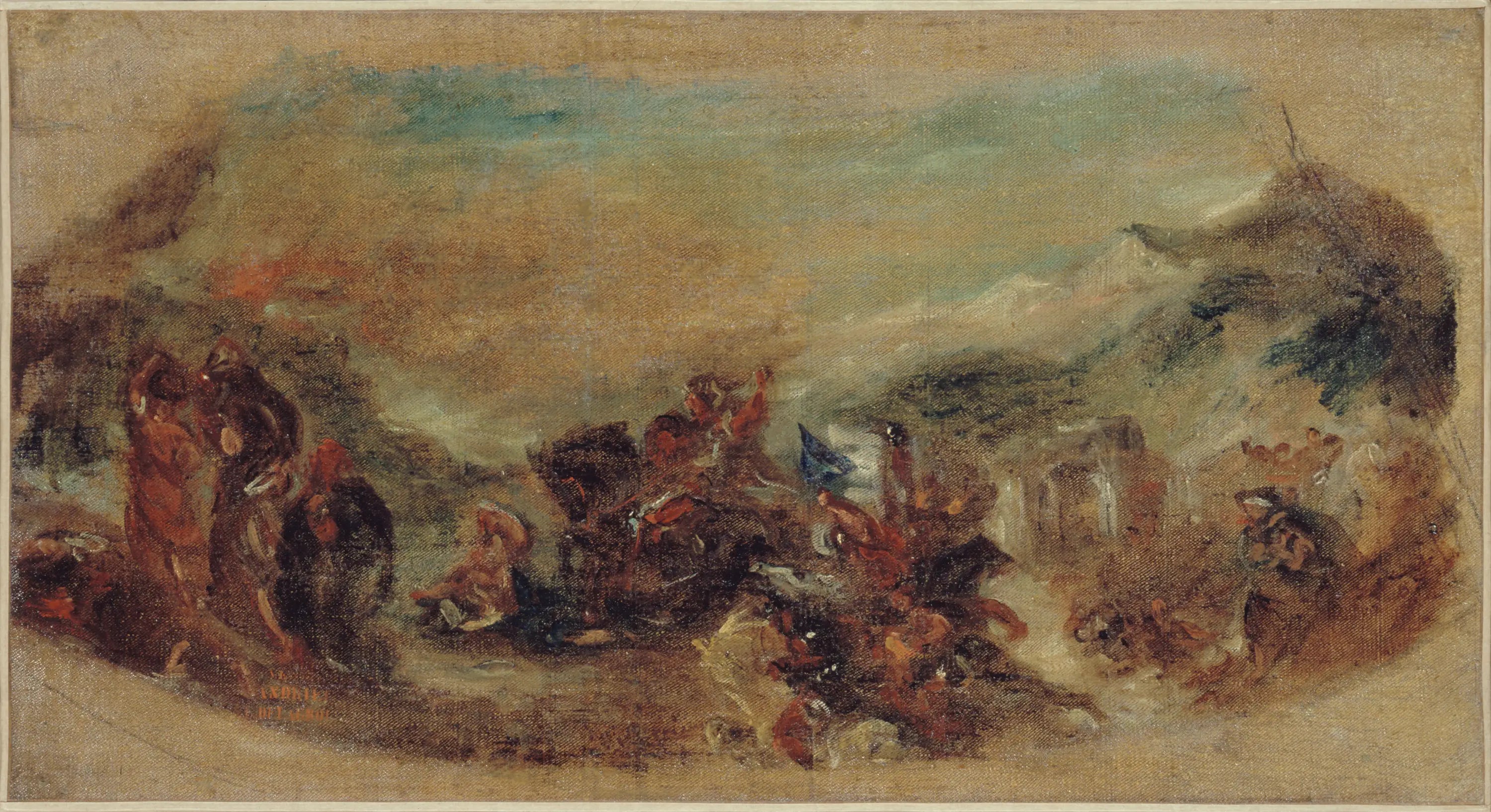 Reproduction du tableau « Esquisse pour la bibliothèque du palais Bourbon : Attila suivi de ses hordes barbares foule aux pieds l'Italie et les Arts - Eugène Delacroix » par Alpha Reproduction en peinture à l’huile
