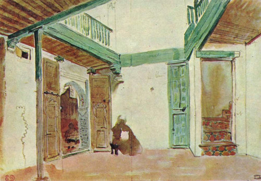 Reproduction du tableau « Une cour à Tanger - Eugène Delacroix » par Alpha Reproduction en peinture à l’huile