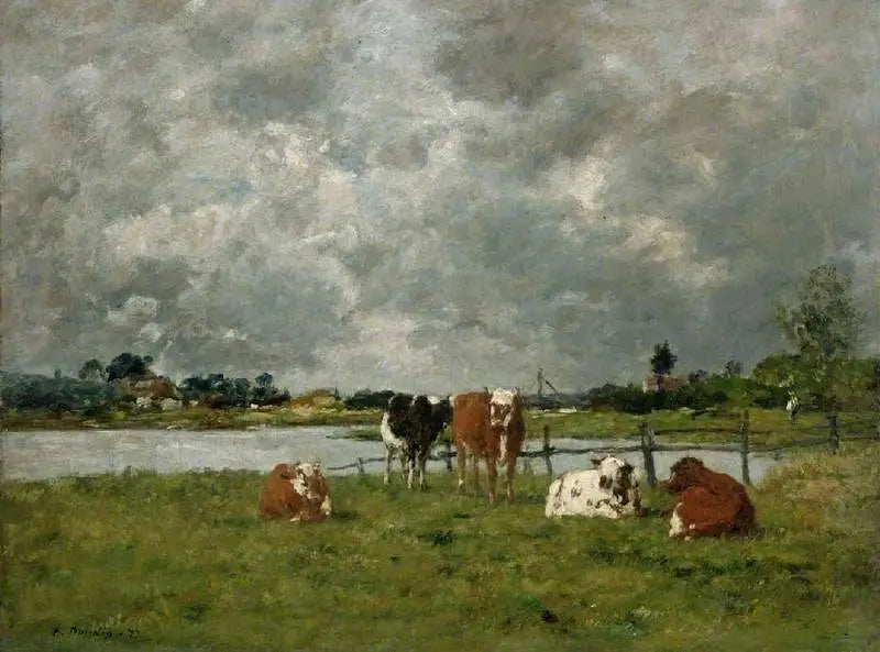 Reproduction du tableau « Vaches dans un champ sous un ciel orageux, 1877 - Eugène Boudin » par Alpha Reproduction en peinture à l’huile