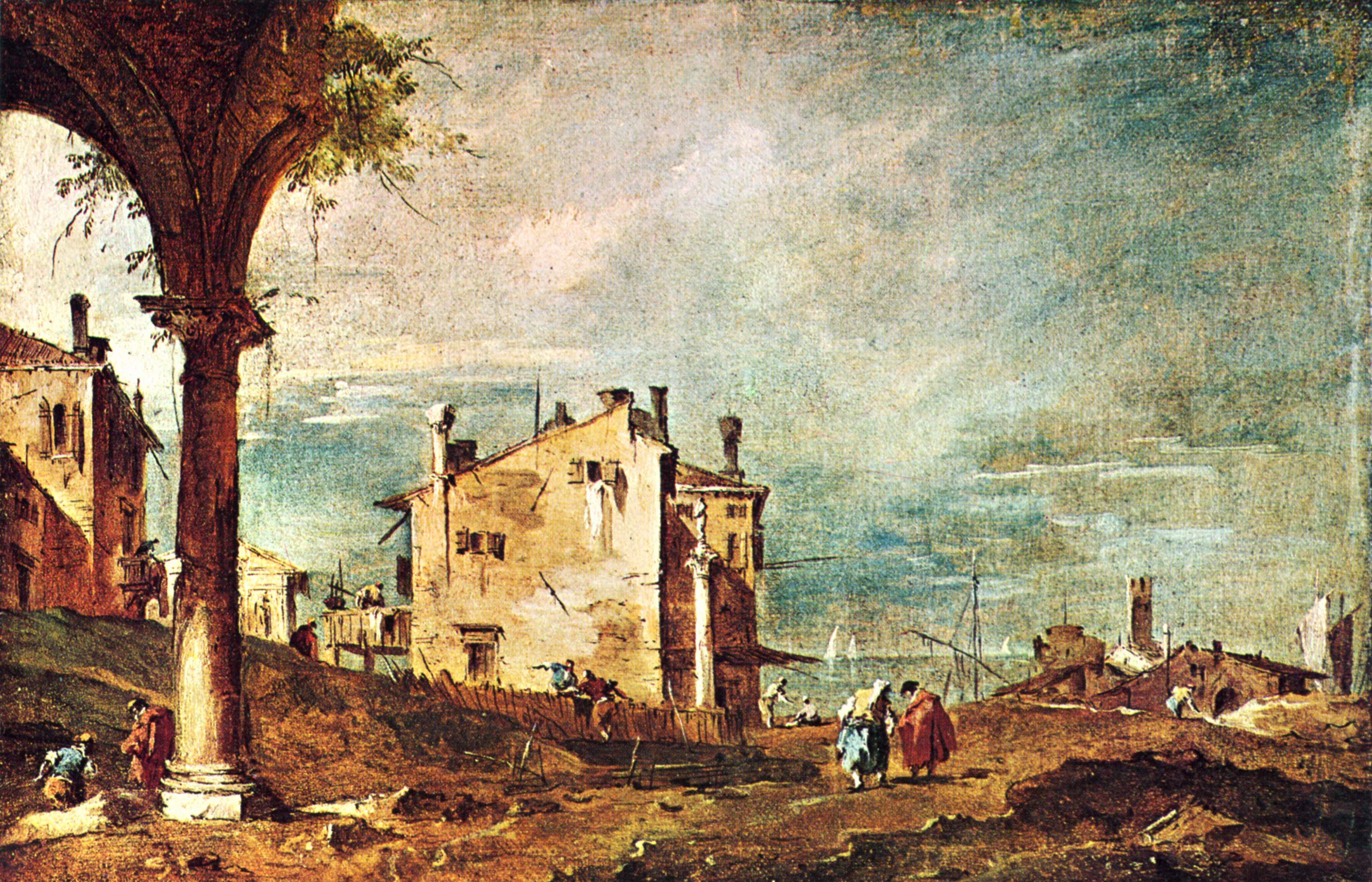 Capriccio : Ruines d'une arche et fermes au bord d'une lagune - Francesco Guardi