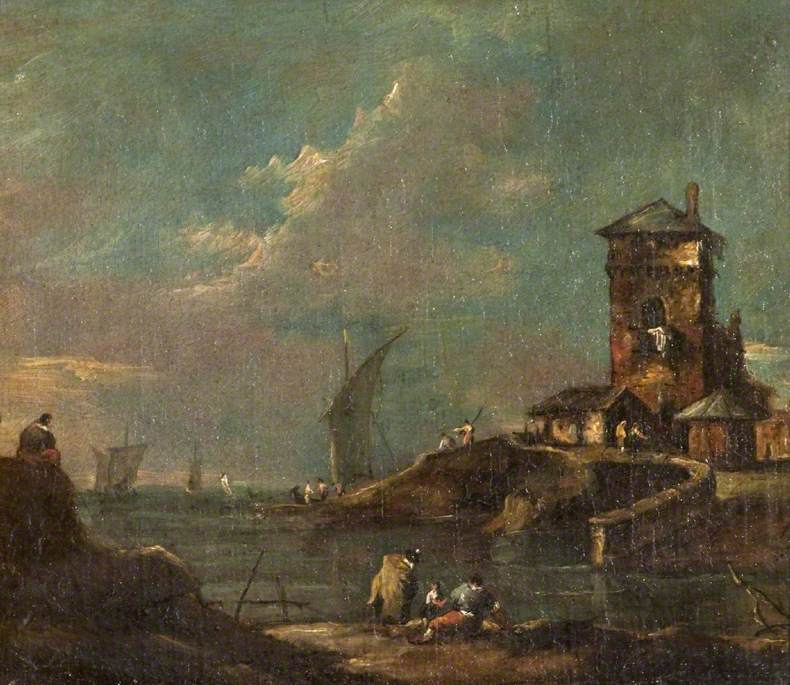 Capriccio with rustic tower, houses and boats - Francesco Guardi