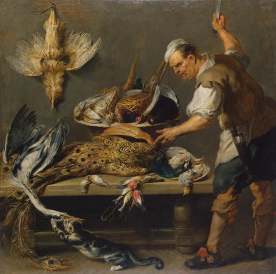 Cuisiner à une table de cuisine avec du gibier mort dessus - Frans Snyders