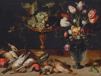 Nature morte aux fleurs, raisins et petits oiseaux de gibier - Frans Snyders