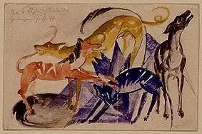 Reproduction du tableau « Les quatre chiens de compagnie du prince Jusuff - Franz Marc » par Alpha Reproduction en peinture à l’huile