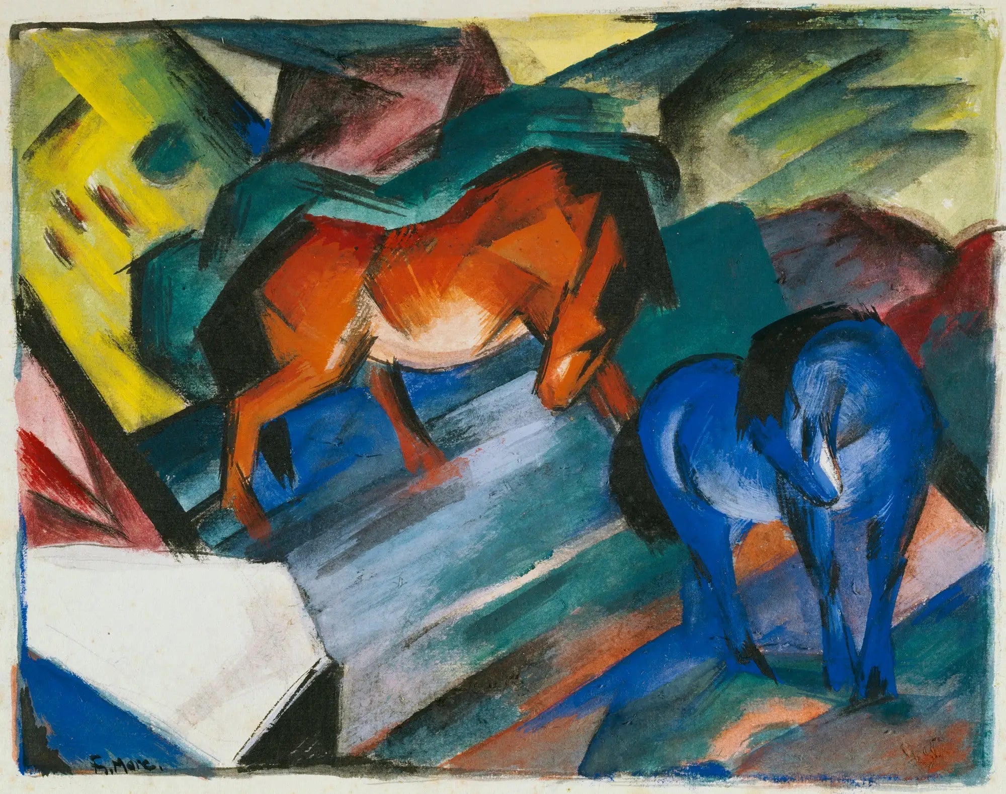 Reproduction du tableau « Chevaux rouges et bleus - Franz Marc » par Alpha Reproduction en peinture à l’huile