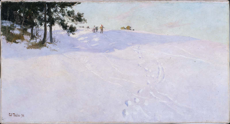 Skiers at the top of a snowy hill - Frits Thaulow