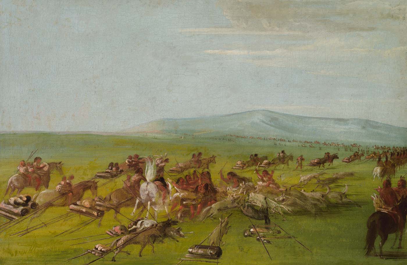 Campement Comanche en mouvement, combat de chiens en route - George Catlin
