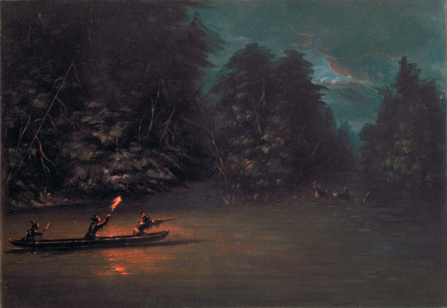 Chasse au cerf aux flambeaux en canoë d'écorce - George Catlin