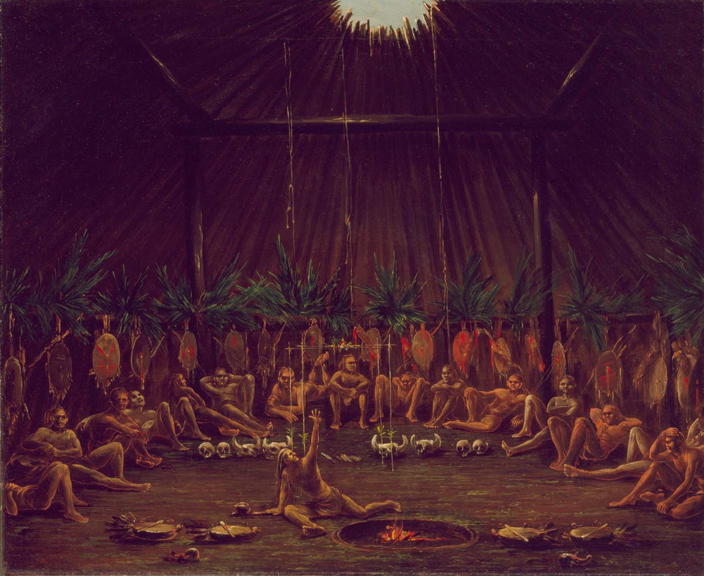Vue intérieure du Medicine Lodge, cérémonie Mandan O-kee-pa - George Catlin