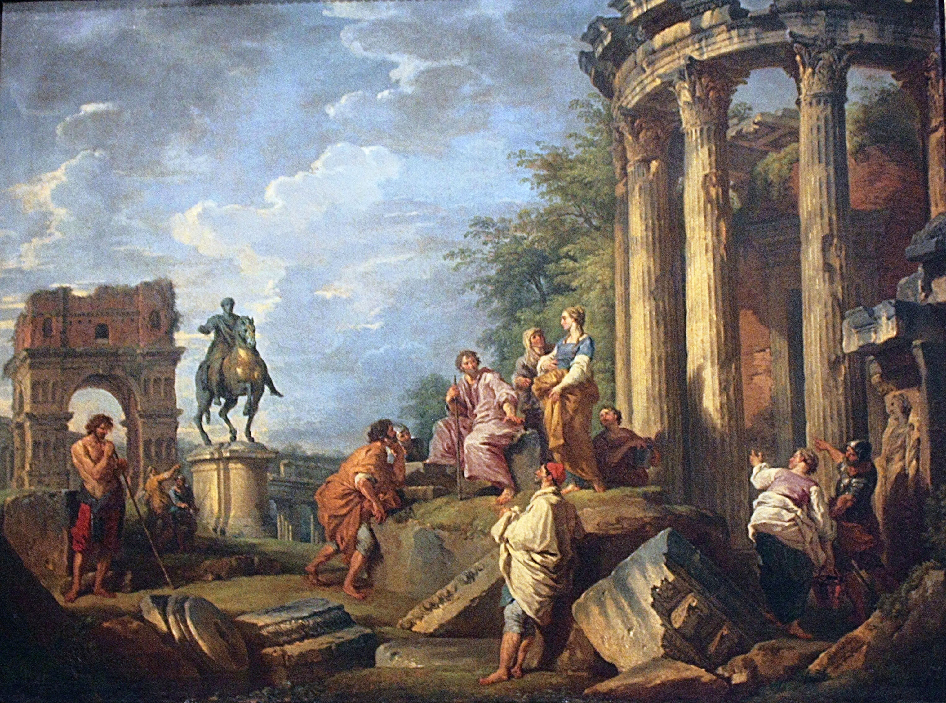 Ruines d'architecture avec l'arc de Janus, le temple de Vesta et la statue équestre de Marc-Aurèle - Giovanni Paolo Panini