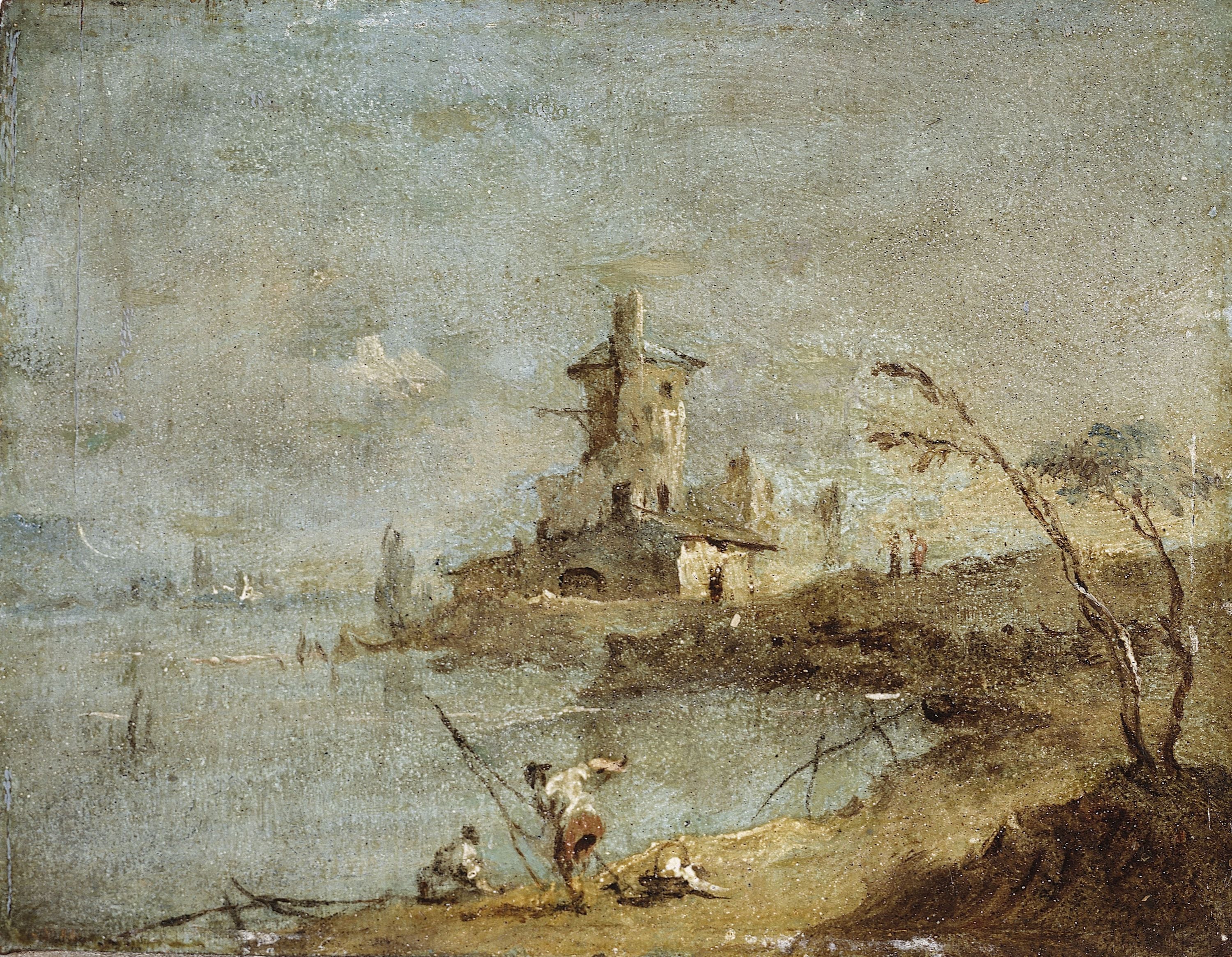 Caprice rustique, avec tour au bord de l'eau - Francesco Guardi
