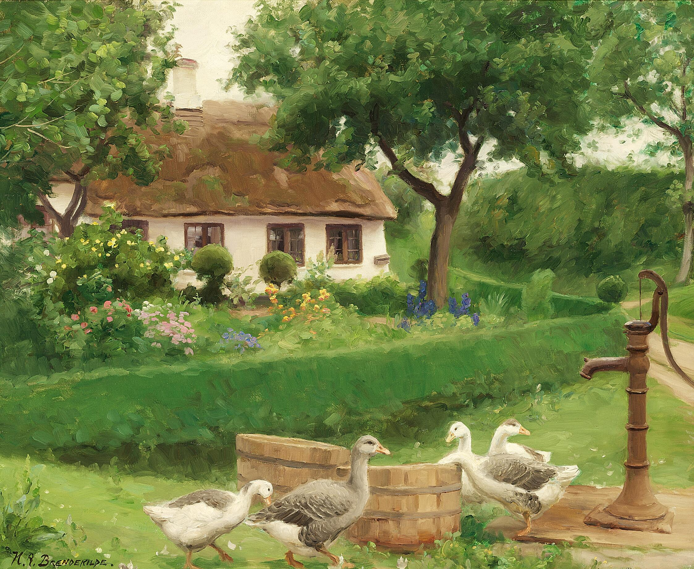 Canards à une pompe à eau derrière une ferme au toit de chaume. - H. A. Brendekilde