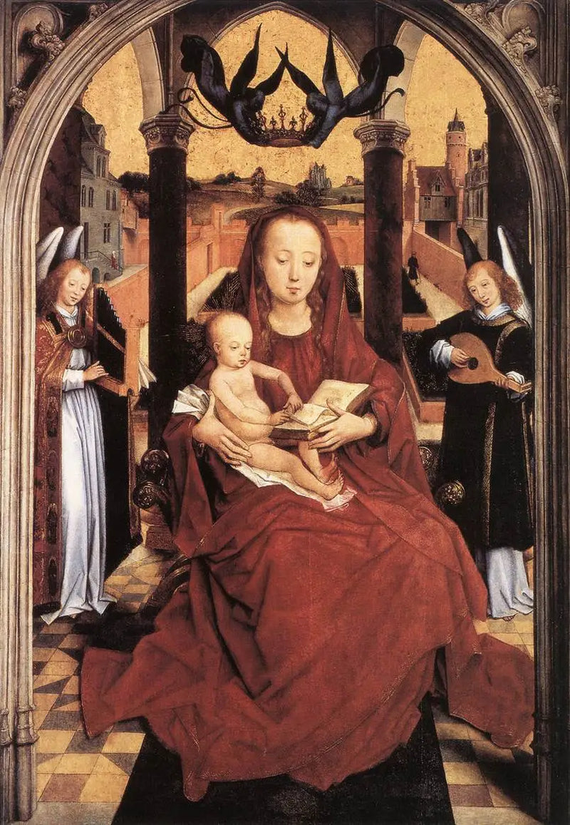 Virgin and Child Enthroned with Two Musician Angels - Hans Memling