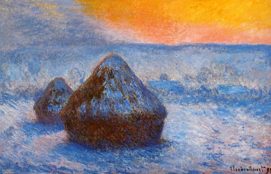 Haystacks (dusk, snow effect) - Claude Monet