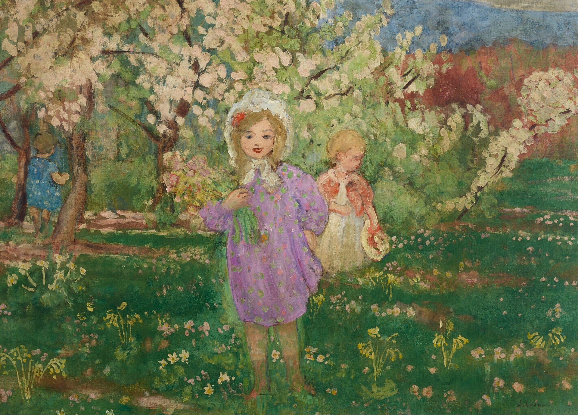 Enfants dans un verger fleuri, peinture de Henri Lebasque