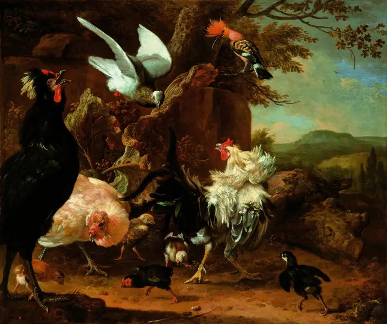 Two roosters, a hen, and chicks with a dove and a hoopoe. - Melchior de Hondecoeter